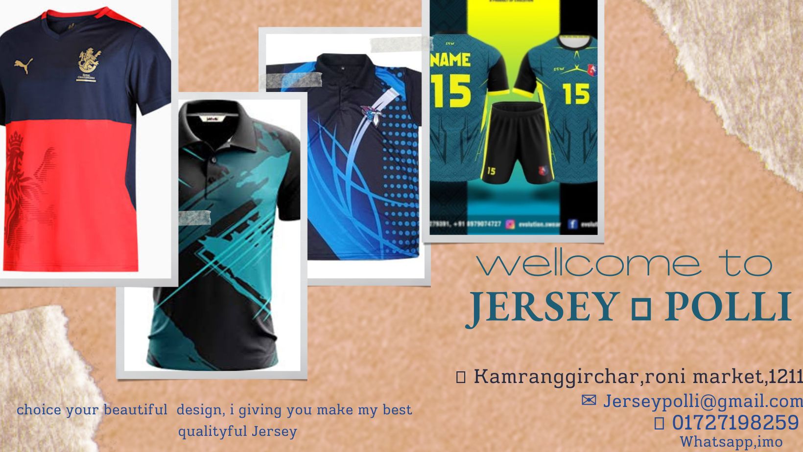 Welcome to our Jersey Polli.  If you are interested in custom made quality full jersey of your choice, then without further delay contact us now on our inbox or emu, whatsapp number 01727198259  🏚 Now if you order from us online at home, the jersey will be delivered to your address.  ⚠⚠ Minimum 10 back order ⚠⚠   We provide good quality fabrics with guarantee, choice design, logo, exact name-number perfect size.  We have professional designers, skilled craftsmen, alter checking man.  We offer the most affordable prices because we make everything in our own factory.  from us  You can easily make team based jersey from us for any type of sports including cricket, football, volleyball, basketball, the national game of Bangladesh Kabaddi/Hadudu.  We take orders for all types of sports jerseys, tracksuits, half pants, trousers  Also you from our work  You can make custom jersey for any official/unofficial event, rally or party with school, college, university, institute name, player name number.  Also to know more about us  If interested contact our contact number 01727198259 emu whatsapp  ⚠⚠ Minimum 10 back order ⚠⚠   50% advance and rest 50% cash on delivery.  We deliver goods by courier all over the country, courier charges are applicable.  Emu, WhatsApp,